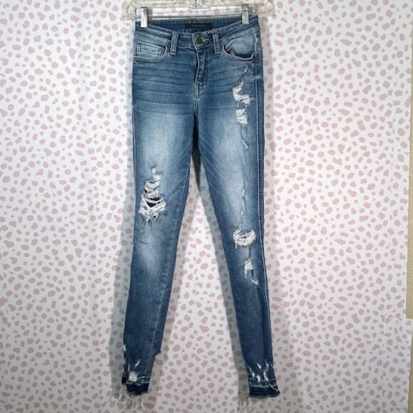 Flying Monkey Women’s Jeans 24 Waist Mid Rise‎ Ankle Skinny Distressed Raw Hem 0 - Picture 2 of 10